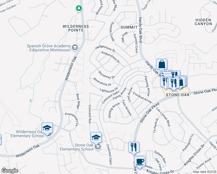 map of restaurants, bars, coffee shops, grocery stores, and more near 915 Lightstone Drive in San Antonio