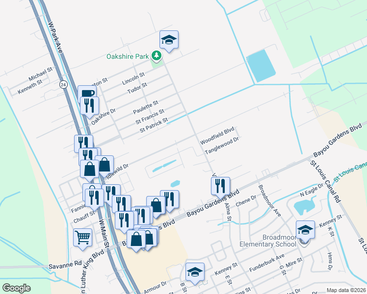 map of restaurants, bars, coffee shops, grocery stores, and more near 120 Ciera Drive in Houma