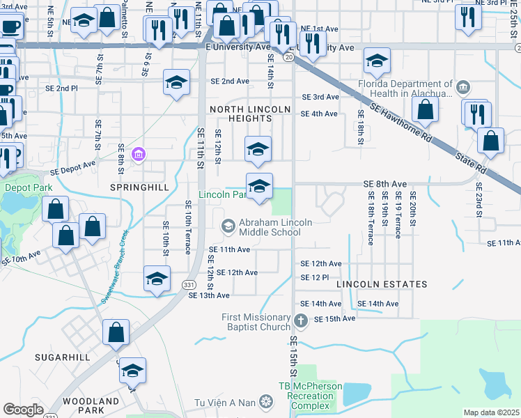 map of restaurants, bars, coffee shops, grocery stores, and more near 1001 Southeast 12th Street in Gainesville