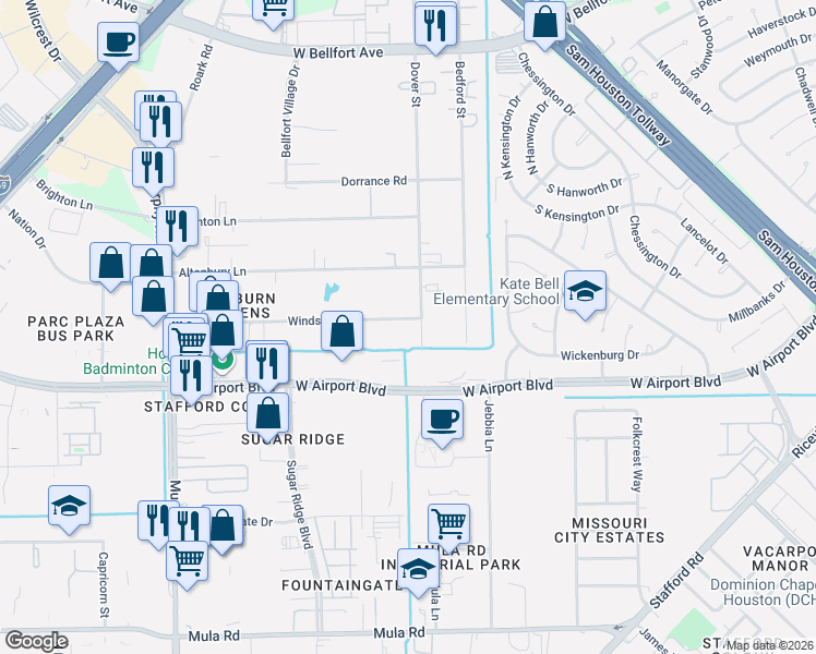 map of restaurants, bars, coffee shops, grocery stores, and more near 10107 Windsor Lane in Houston