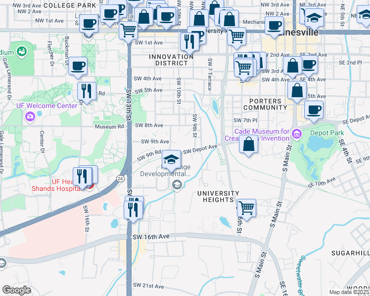 map of restaurants, bars, coffee shops, grocery stores, and more near 1018 Southwest Depot Avenue in Gainesville