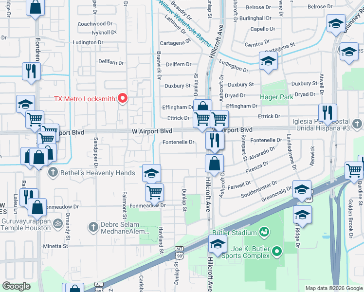 map of restaurants, bars, coffee shops, grocery stores, and more near 6002 Densmore Drive in Houston