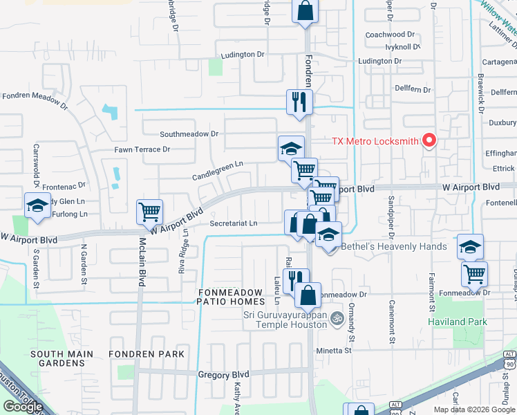 map of restaurants, bars, coffee shops, grocery stores, and more near 12326 Silo Lane in Houston