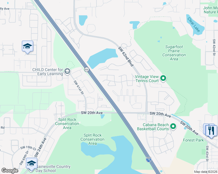 map of restaurants, bars, coffee shops, grocery stores, and more near 5753 Southwest 10th Place in Gainesville
