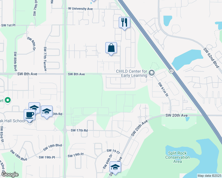 map of restaurants, bars, coffee shops, grocery stores, and more near 674 Queens Road in Gainesville