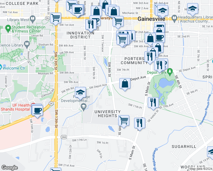 map of restaurants, bars, coffee shops, grocery stores, and more near 257 Southwest Depot Avenue in Gainesville
