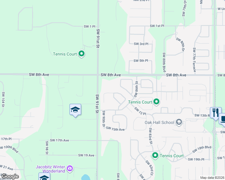 map of restaurants, bars, coffee shops, grocery stores, and more near 8916 Southwest 11 Avenue in Gainesville