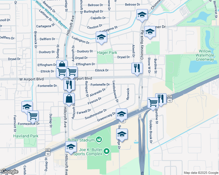 map of restaurants, bars, coffee shops, grocery stores, and more near 5711 Alvarado Drive in Houston