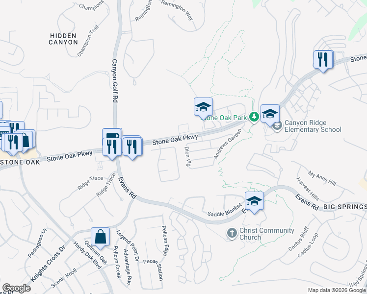 map of restaurants, bars, coffee shops, grocery stores, and more near 21719 Dion Vil in San Antonio