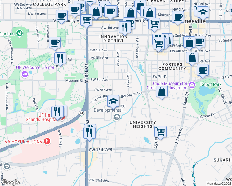 map of restaurants, bars, coffee shops, grocery stores, and more near 1018 Southwest Depot Avenue in Gainesville