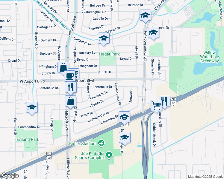 map of restaurants, bars, coffee shops, grocery stores, and more near 5711 Alvarado Drive in Houston
