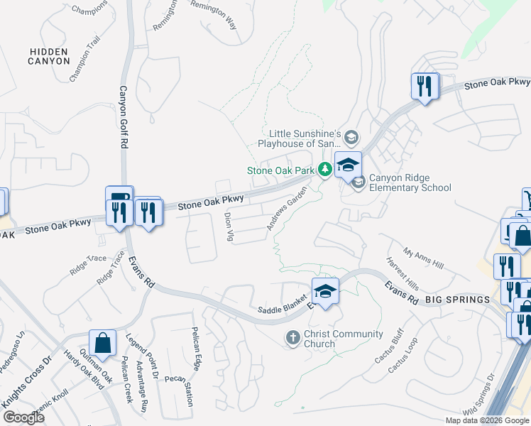 map of restaurants, bars, coffee shops, grocery stores, and more near 21623 Andrews Garden in San Antonio