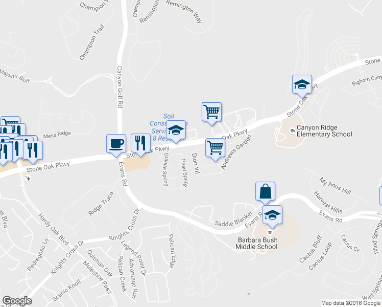 map of restaurants, bars, coffee shops, grocery stores, and more near 21707 Dion Vil in San Antonio