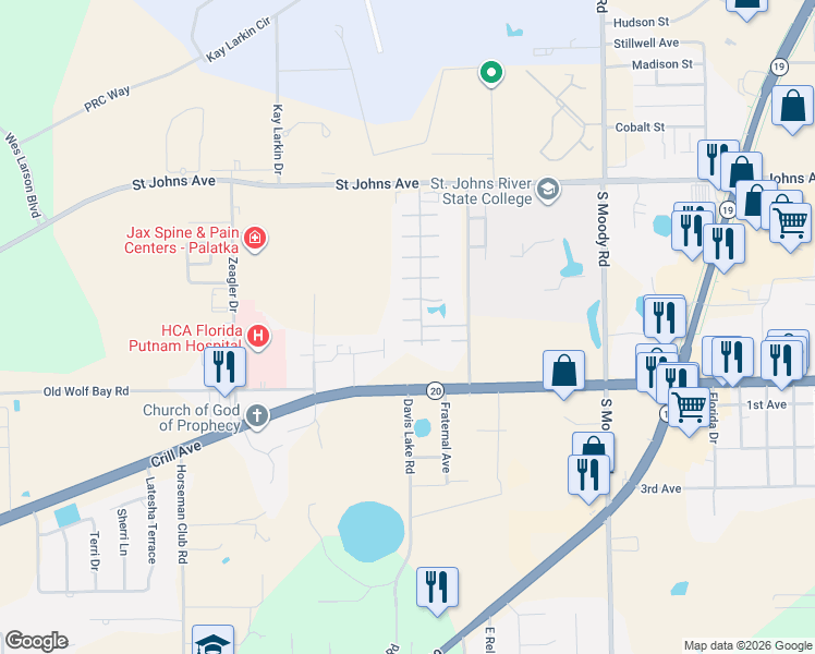 map of restaurants, bars, coffee shops, grocery stores, and more near 6108 West 1st Manor in Palatka
