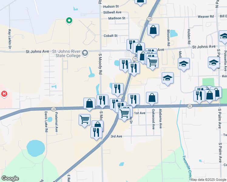 map of restaurants, bars, coffee shops, grocery stores, and more near 607 South Moody Road in Palatka