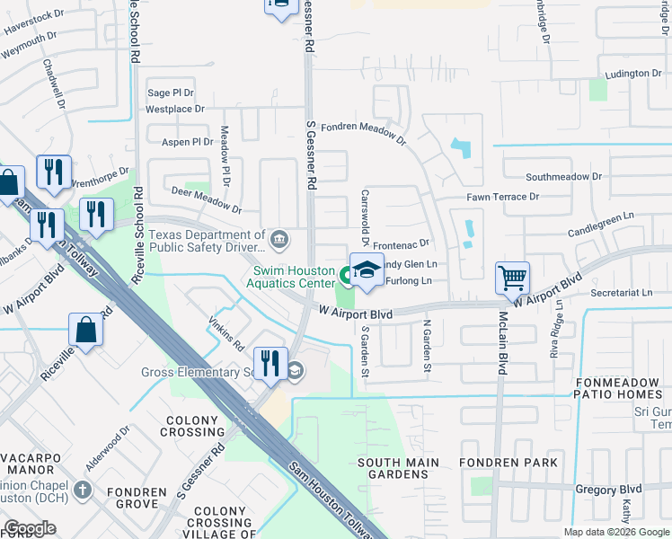 map of restaurants, bars, coffee shops, grocery stores, and more near 12243 Ripple Glen Drive in Houston