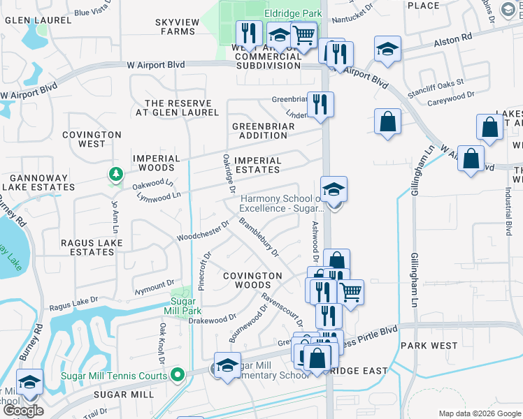 map of restaurants, bars, coffee shops, grocery stores, and more near 13623 Woodchester Drive in Sugar Land
