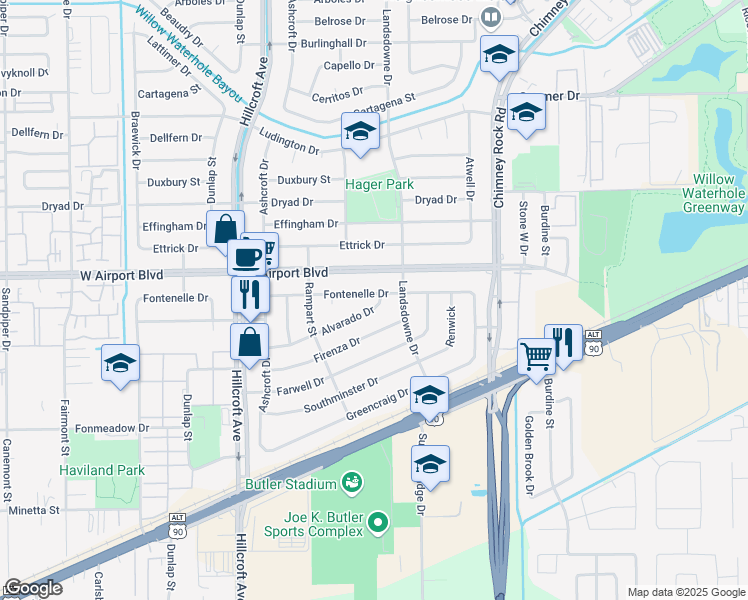 map of restaurants, bars, coffee shops, grocery stores, and more near 5711 Alvarado Drive in Houston