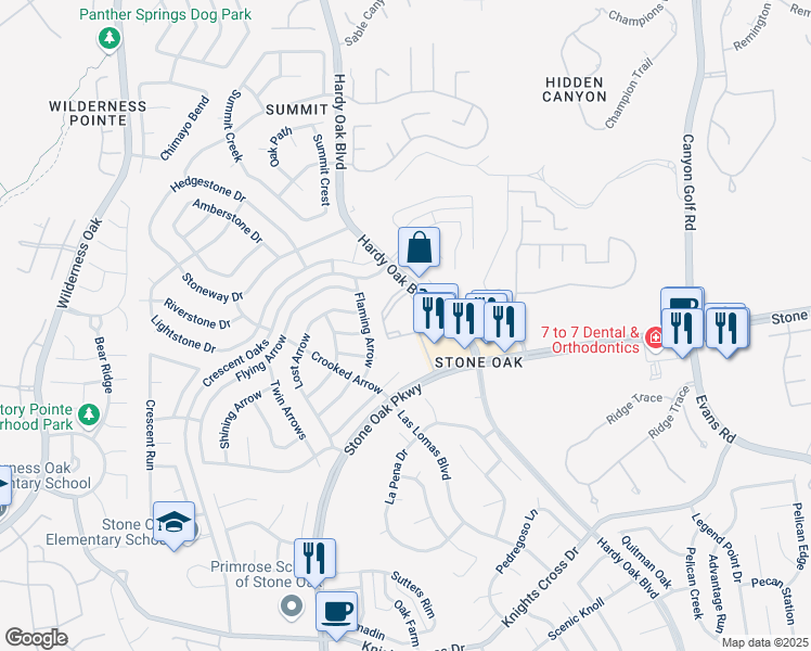 map of restaurants, bars, coffee shops, grocery stores, and more near 25134 Flaming Arrow in San Antonio