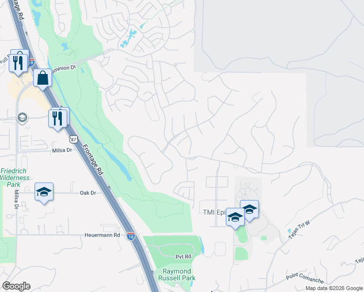 map of restaurants, bars, coffee shops, grocery stores, and more near 5 Kings View in San Antonio