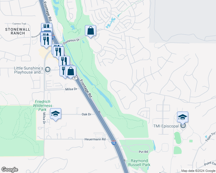map of restaurants, bars, coffee shops, grocery stores, and more near 56 Eton Green Circle in San Antonio