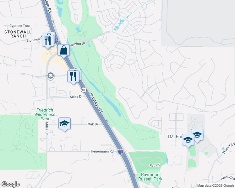 map of restaurants, bars, coffee shops, grocery stores, and more near 56 Eton Green Circle in San Antonio