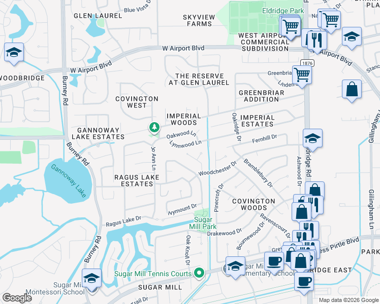 map of restaurants, bars, coffee shops, grocery stores, and more near 1534 Hitherfield Drive in Sugar Land