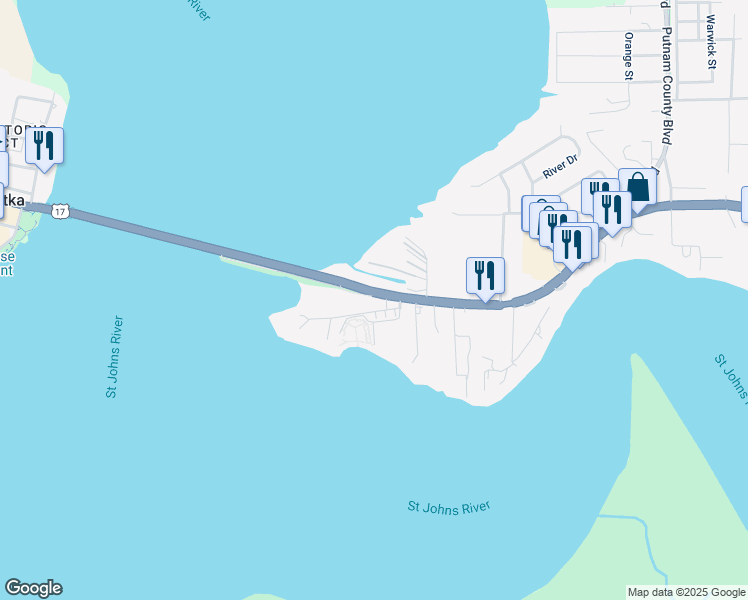 map of restaurants, bars, coffee shops, grocery stores, and more near 119 U.S. 17 in East Palatka