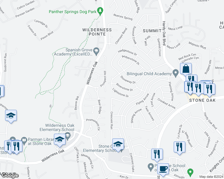 map of restaurants, bars, coffee shops, grocery stores, and more near 25007 Silverstone in San Antonio