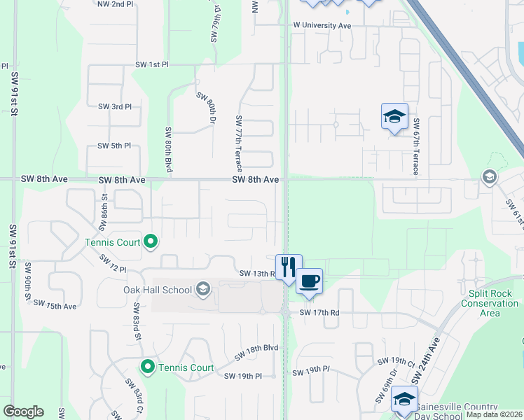 map of restaurants, bars, coffee shops, grocery stores, and more near 1009 Southwest 76 Terrace in Gainesville