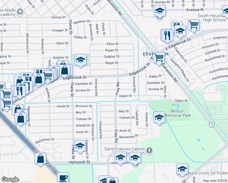 map of restaurants, bars, coffee shops, grocery stores, and more near 615 Gilpin Street in Houston