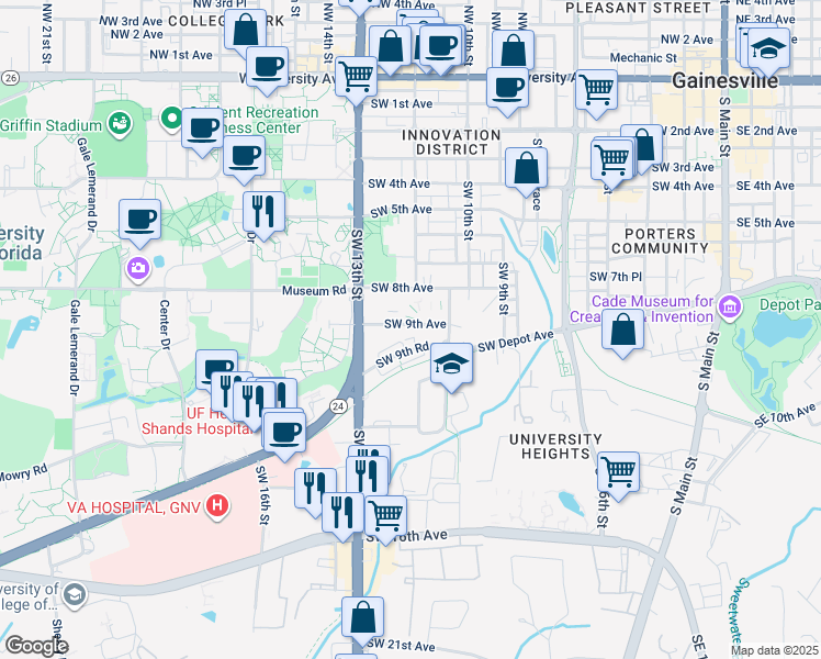 map of restaurants, bars, coffee shops, grocery stores, and more near 1208 Southwest 9th Road in Gainesville
