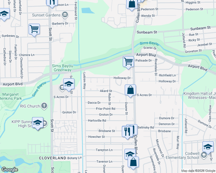 map of restaurants, bars, coffee shops, grocery stores, and more near 4303 Akard Street in Houston