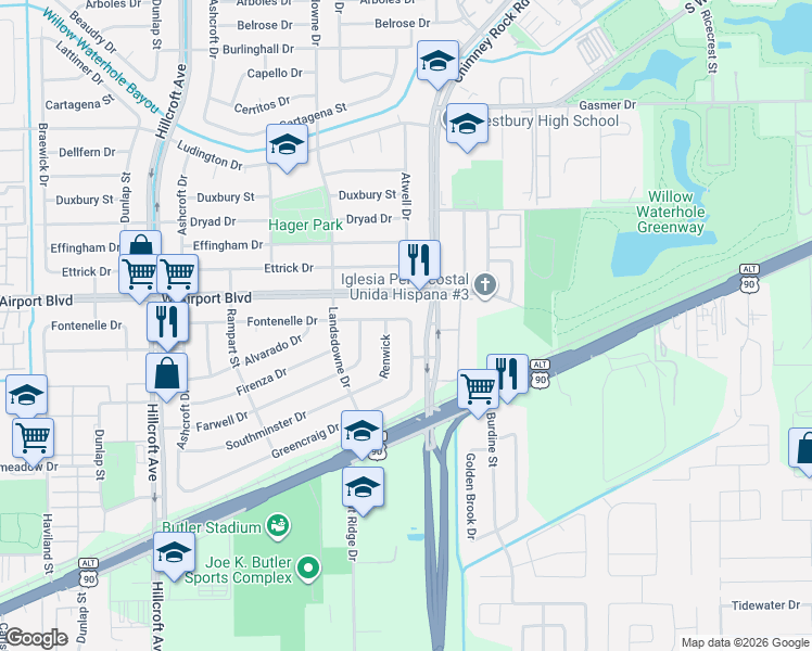 map of restaurants, bars, coffee shops, grocery stores, and more near 12331 Renwick in Houston