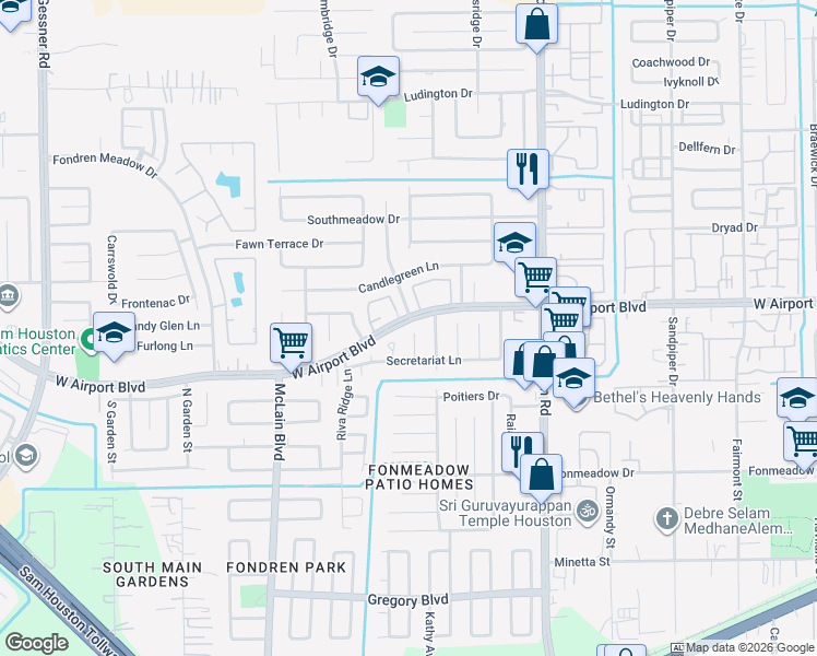 map of restaurants, bars, coffee shops, grocery stores, and more near 12311 Valley Hills Drive in Houston