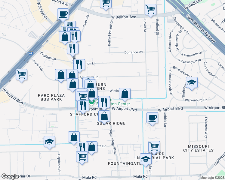 map of restaurants, bars, coffee shops, grocery stores, and more near 10317 Windsor Lane in Houston