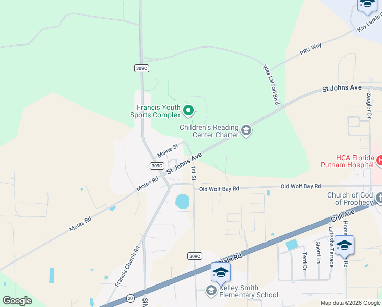 map of restaurants, bars, coffee shops, grocery stores, and more near 114 1st Street in Palatka