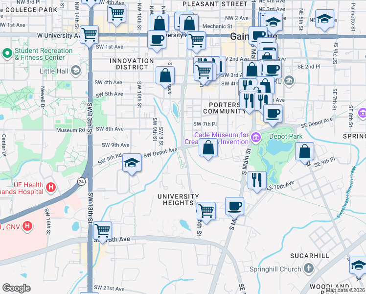 map of restaurants, bars, coffee shops, grocery stores, and more near Southwest 6th Street & Southwest Depot Avenue in Gainesville