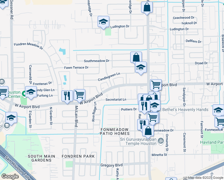 map of restaurants, bars, coffee shops, grocery stores, and more near 12311 Valley Hills Drive in Houston