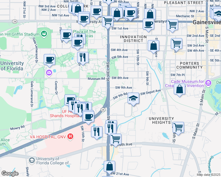 map of restaurants, bars, coffee shops, grocery stores, and more near 1257 Southwest 9th Road in Gainesville