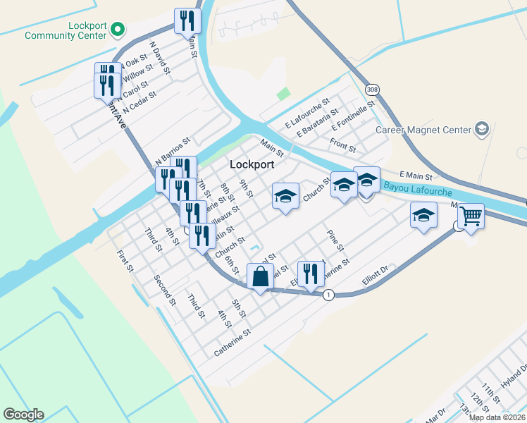 map of restaurants, bars, coffee shops, grocery stores, and more near 601 9th Street in Lockport