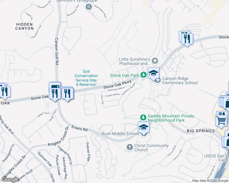map of restaurants, bars, coffee shops, grocery stores, and more near 1310 Nicholas Manor in San Antonio