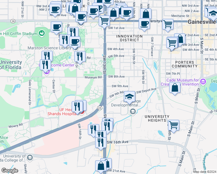 map of restaurants, bars, coffee shops, grocery stores, and more near 1245 Southwest 9th Road in Gainesville