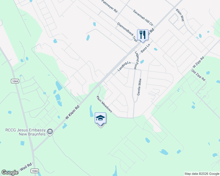 map of restaurants, bars, coffee shops, grocery stores, and more near 1075 West Klein Road in New Braunfels