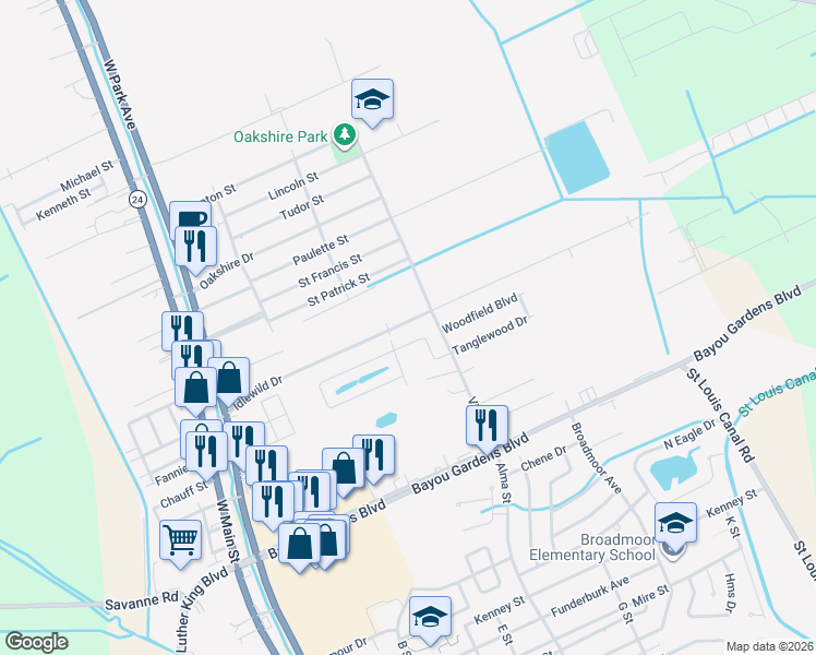 map of restaurants, bars, coffee shops, grocery stores, and more near 120 Ciera Drive in Houma