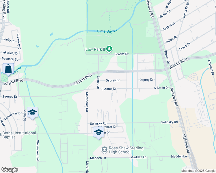 map of restaurants, bars, coffee shops, grocery stores, and more near 6121 South Acres Drive in Houston