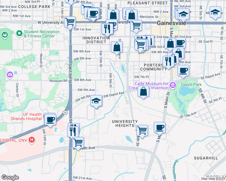 map of restaurants, bars, coffee shops, grocery stores, and more near in Gainesville