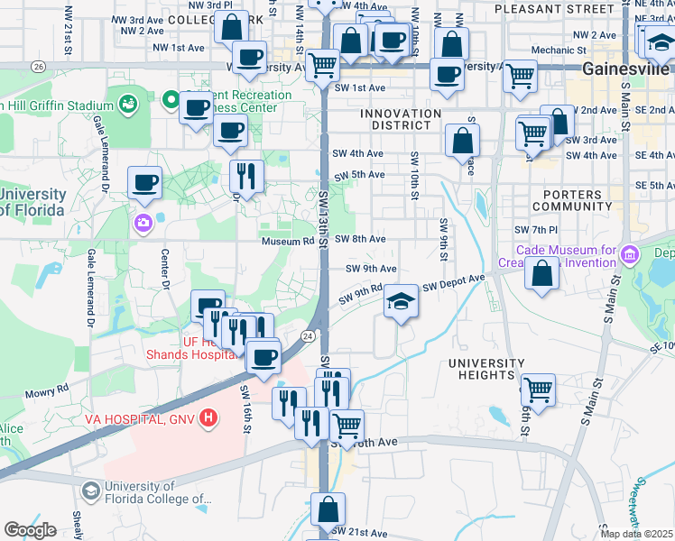 map of restaurants, bars, coffee shops, grocery stores, and more near 1208 Southwest 9th Road in Gainesville
