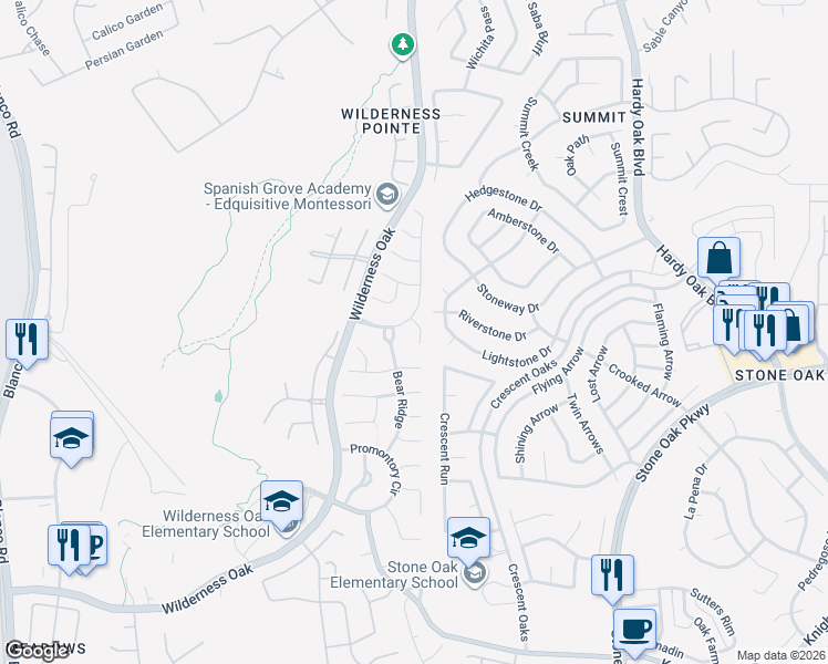 map of restaurants, bars, coffee shops, grocery stores, and more near 21607 Iron Ridge Court in San Antonio