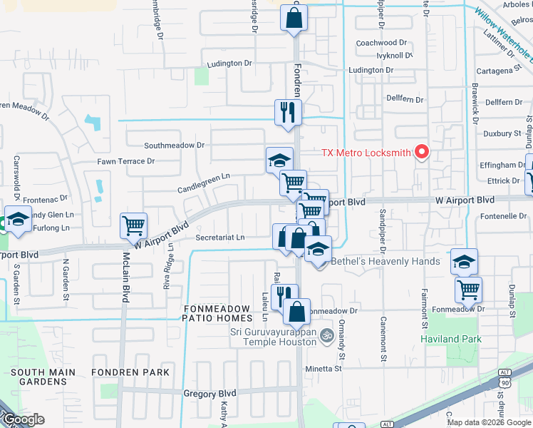 map of restaurants, bars, coffee shops, grocery stores, and more near 12327 Braesridge Drive in Houston